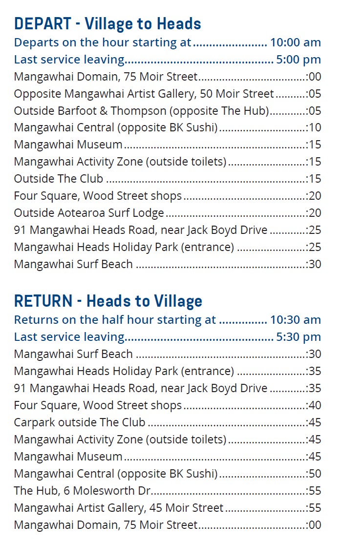 Mangawhai Summer Bus Timetable
